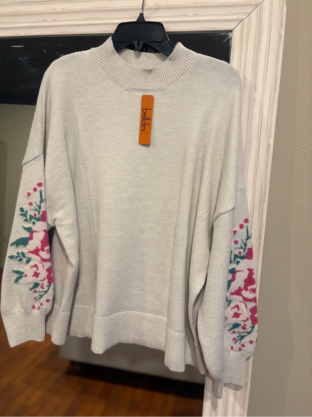 Belldini Grey Pullover with Pink & Teal Floral Sleeves